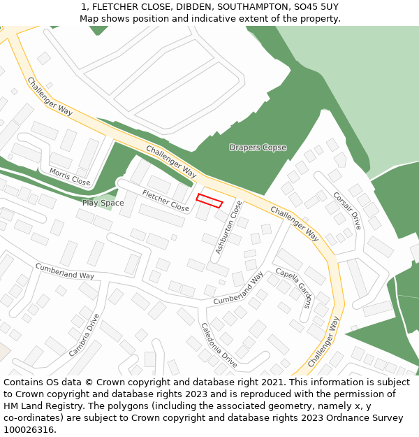 1, FLETCHER CLOSE, DIBDEN, SOUTHAMPTON, SO45 5UY: Location map and indicative extent of plot