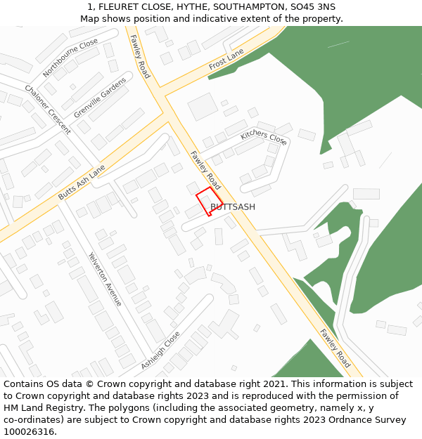 1, FLEURET CLOSE, HYTHE, SOUTHAMPTON, SO45 3NS: Location map and indicative extent of plot