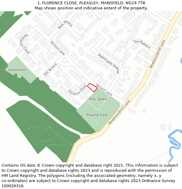 1, FLORENCE CLOSE, PLEASLEY, MANSFIELD, NG19 7TB: Location map and indicative extent of plot
