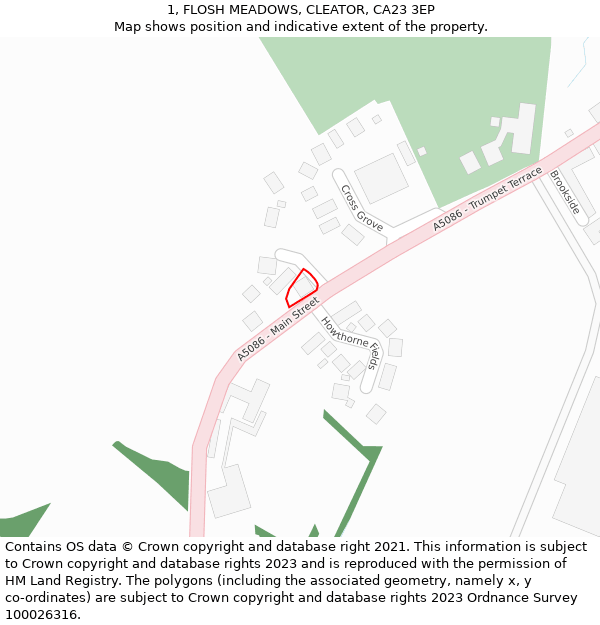 1, FLOSH MEADOWS, CLEATOR, CA23 3EP: Location map and indicative extent of plot