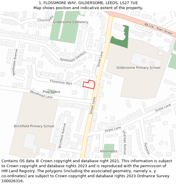 1, FLOSSMORE WAY, GILDERSOME, LEEDS, LS27 7UE: Location map and indicative extent of plot