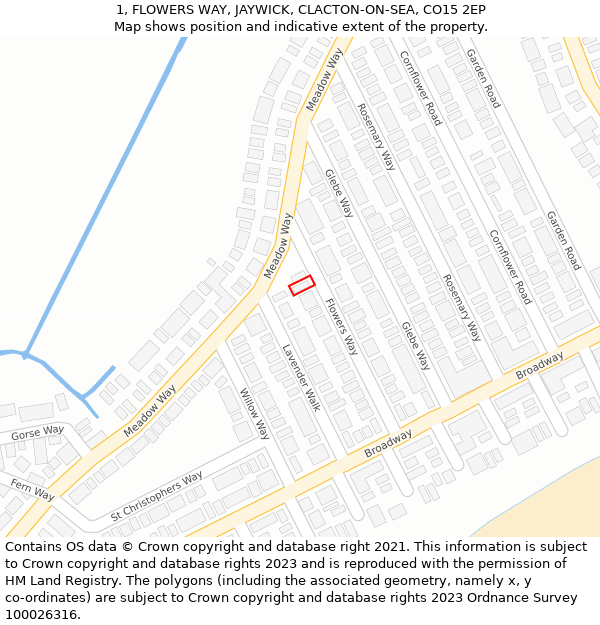 1, FLOWERS WAY, JAYWICK, CLACTON-ON-SEA, CO15 2EP: Location map and indicative extent of plot