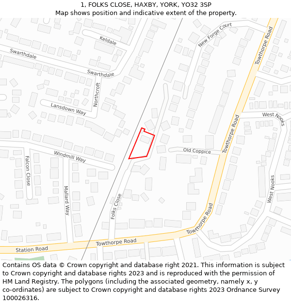 1, FOLKS CLOSE, HAXBY, YORK, YO32 3SP: Location map and indicative extent of plot