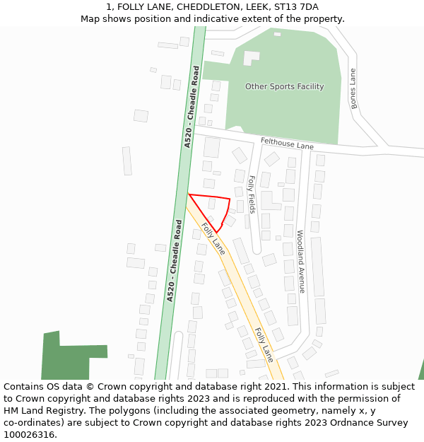 1, FOLLY LANE, CHEDDLETON, LEEK, ST13 7DA: Location map and indicative extent of plot