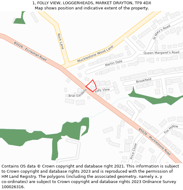 1, FOLLY VIEW, LOGGERHEADS, MARKET DRAYTON, TF9 4DX: Location map and indicative extent of plot