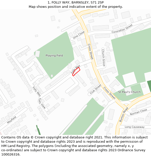 1, FOLLY WAY, BARNSLEY, S71 2SP: Location map and indicative extent of plot
