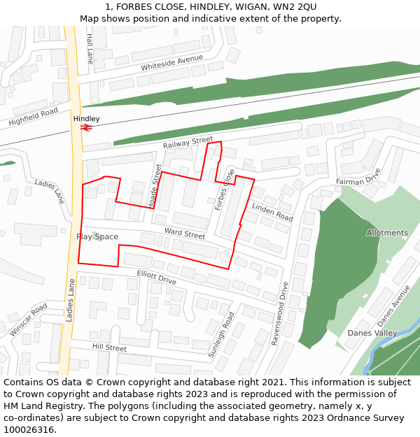 1, FORBES CLOSE, HINDLEY, WIGAN, WN2 2QU: Location map and indicative extent of plot
