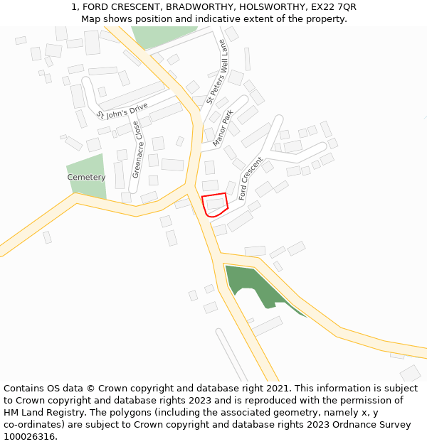 1, FORD CRESCENT, BRADWORTHY, HOLSWORTHY, EX22 7QR: Location map and indicative extent of plot