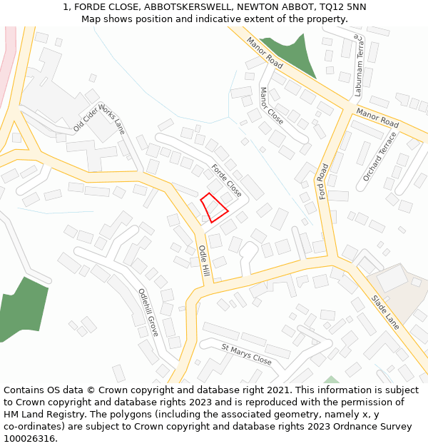 1, FORDE CLOSE, ABBOTSKERSWELL, NEWTON ABBOT, TQ12 5NN: Location map and indicative extent of plot