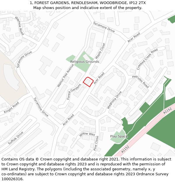 1, FOREST GARDENS, RENDLESHAM, WOODBRIDGE, IP12 2TX: Location map and indicative extent of plot