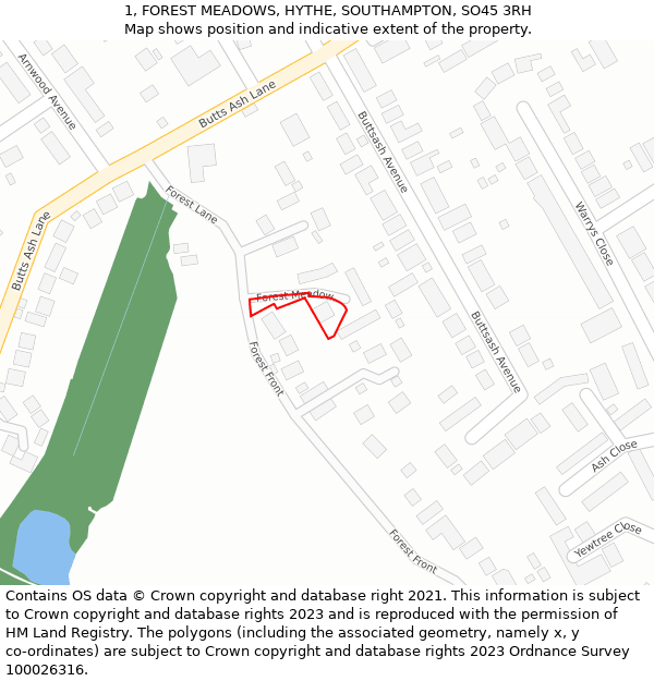 1, FOREST MEADOWS, HYTHE, SOUTHAMPTON, SO45 3RH: Location map and indicative extent of plot