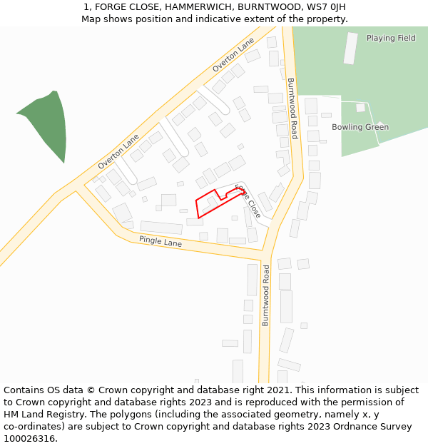 1, FORGE CLOSE, HAMMERWICH, BURNTWOOD, WS7 0JH: Location map and indicative extent of plot