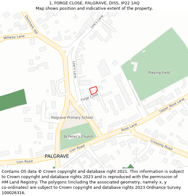 1, FORGE CLOSE, PALGRAVE, DISS, IP22 1AQ: Location map and indicative extent of plot