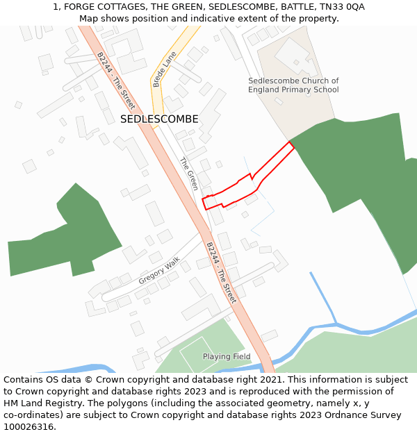 1, FORGE COTTAGES, THE GREEN, SEDLESCOMBE, BATTLE, TN33 0QA: Location map and indicative extent of plot