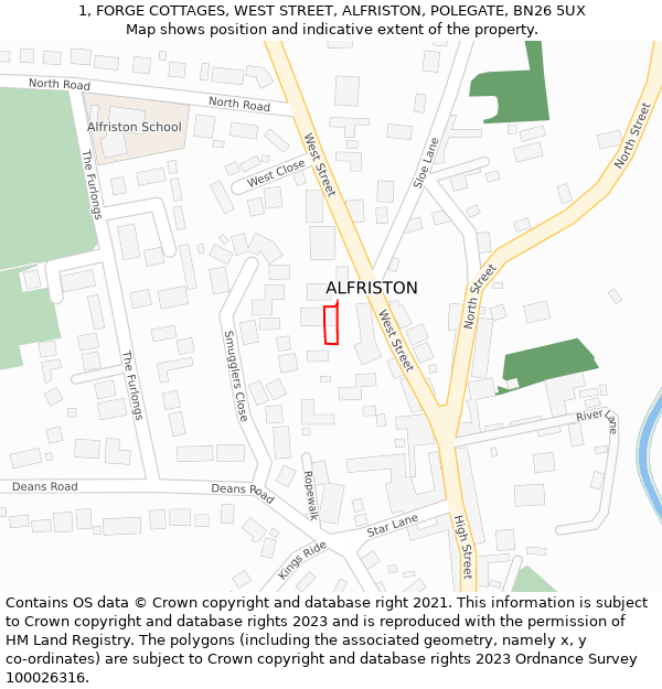 1, FORGE COTTAGES, WEST STREET, ALFRISTON, POLEGATE, BN26 5UX: Location map and indicative extent of plot