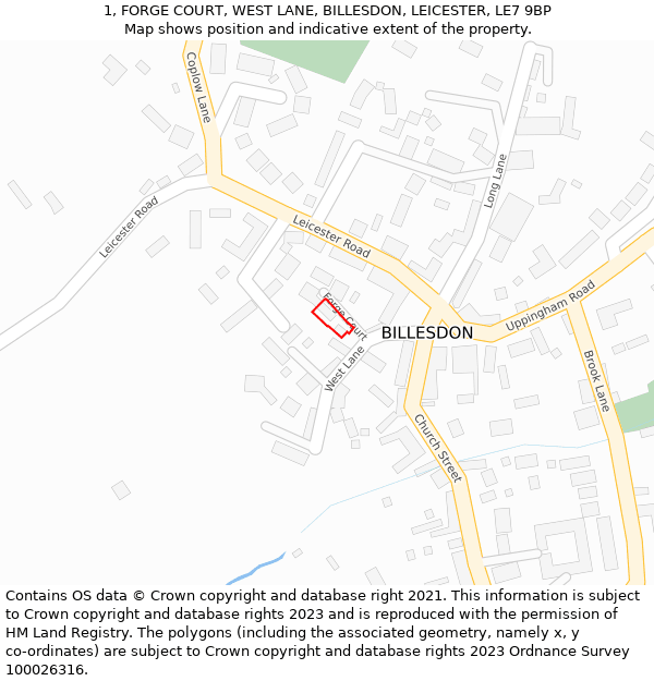1, FORGE COURT, WEST LANE, BILLESDON, LEICESTER, LE7 9BP: Location map and indicative extent of plot
