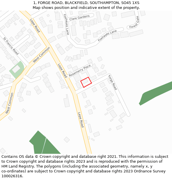 1, FORGE ROAD, BLACKFIELD, SOUTHAMPTON, SO45 1XS: Location map and indicative extent of plot