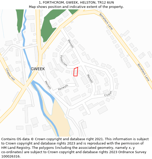 1, FORTHCROM, GWEEK, HELSTON, TR12 6UN: Location map and indicative extent of plot