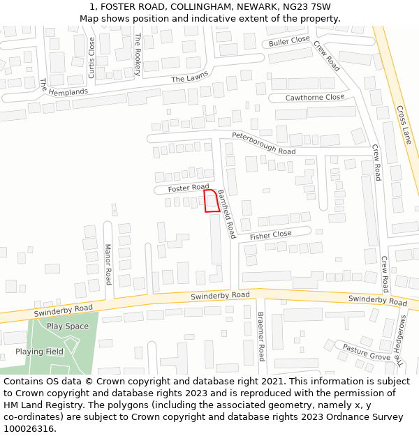 1, FOSTER ROAD, COLLINGHAM, NEWARK, NG23 7SW: Location map and indicative extent of plot