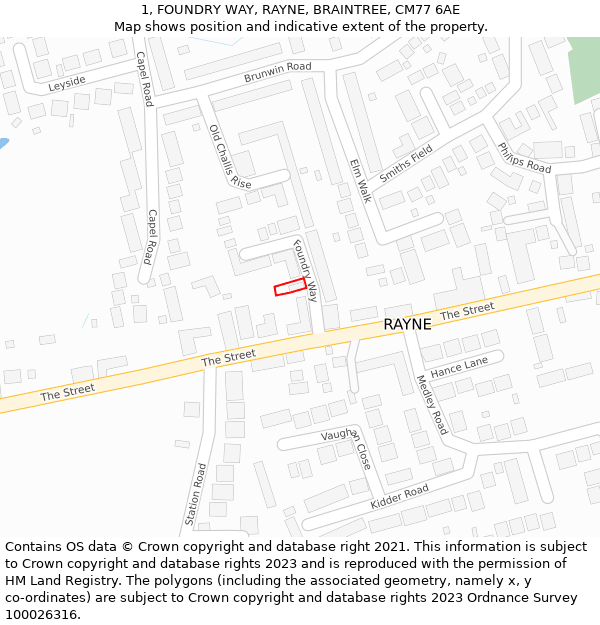 1, FOUNDRY WAY, RAYNE, BRAINTREE, CM77 6AE: Location map and indicative extent of plot