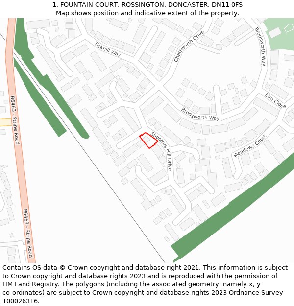 1, FOUNTAIN COURT, ROSSINGTON, DONCASTER, DN11 0FS: Location map and indicative extent of plot