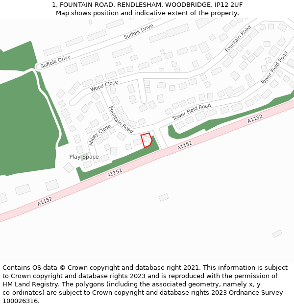 1, FOUNTAIN ROAD, RENDLESHAM, WOODBRIDGE, IP12 2UF: Location map and indicative extent of plot