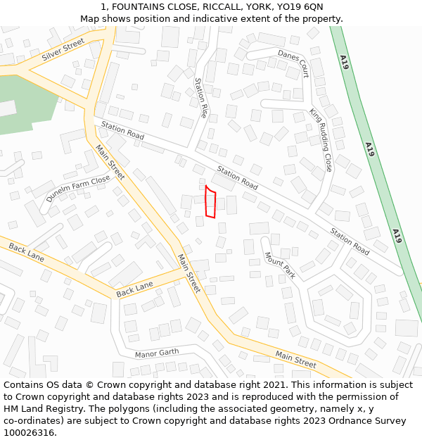 1, FOUNTAINS CLOSE, RICCALL, YORK, YO19 6QN: Location map and indicative extent of plot