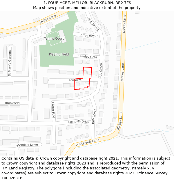 1, FOUR ACRE, MELLOR, BLACKBURN, BB2 7ES: Location map and indicative extent of plot