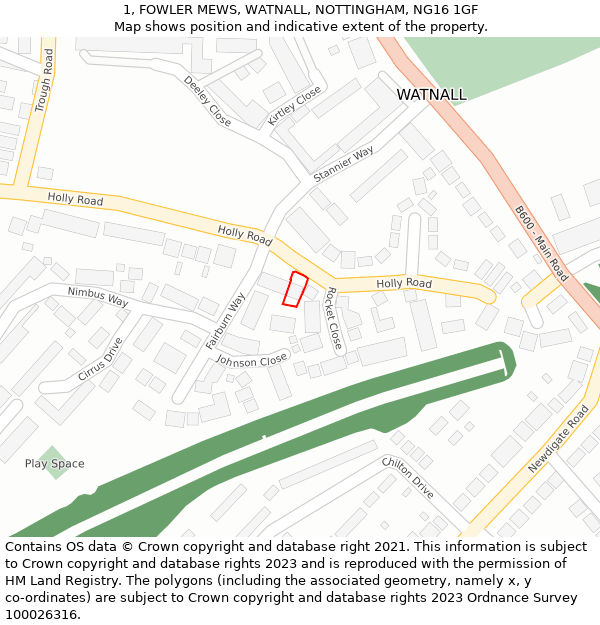 1, FOWLER MEWS, WATNALL, NOTTINGHAM, NG16 1GF: Location map and indicative extent of plot