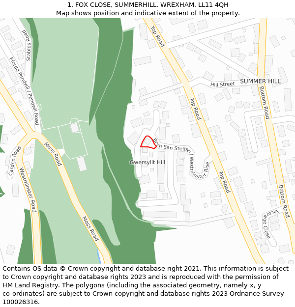 1, FOX CLOSE, SUMMERHILL, WREXHAM, LL11 4QH: Location map and indicative extent of plot