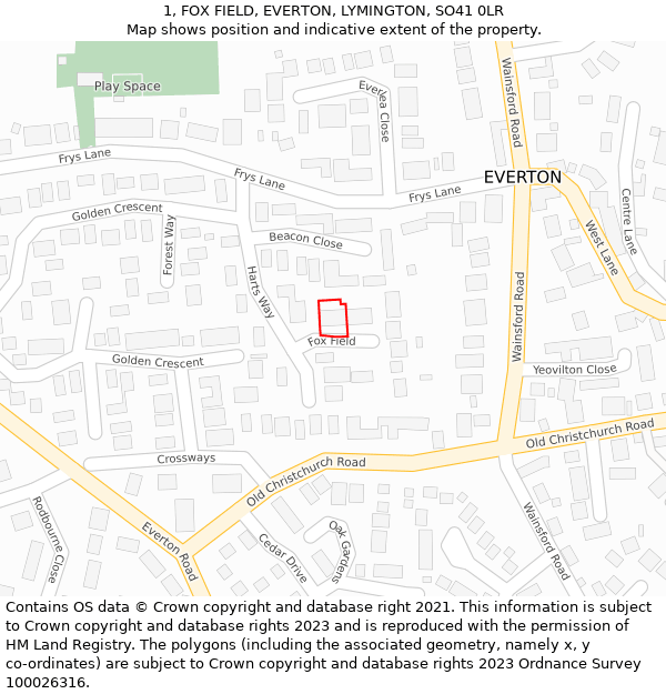 1, FOX FIELD, EVERTON, LYMINGTON, SO41 0LR: Location map and indicative extent of plot