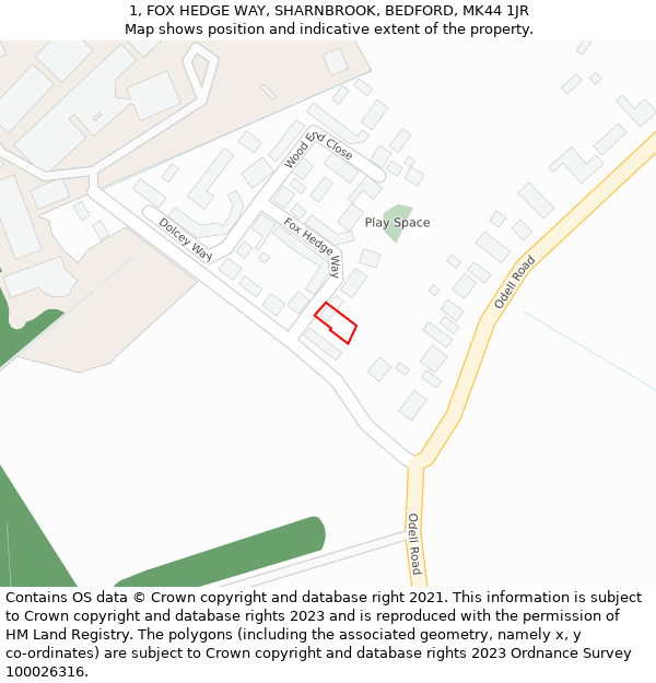 1, FOX HEDGE WAY, SHARNBROOK, BEDFORD, MK44 1JR: Location map and indicative extent of plot