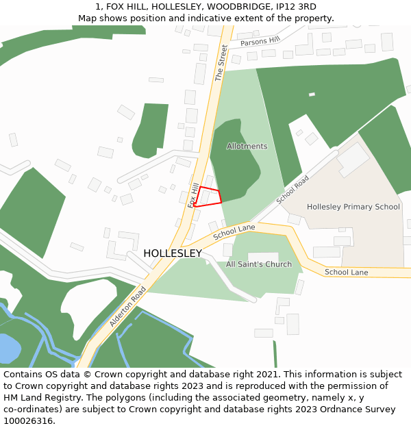 1, FOX HILL, HOLLESLEY, WOODBRIDGE, IP12 3RD: Location map and indicative extent of plot