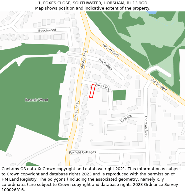 1, FOXES CLOSE, SOUTHWATER, HORSHAM, RH13 9GD: Location map and indicative extent of plot