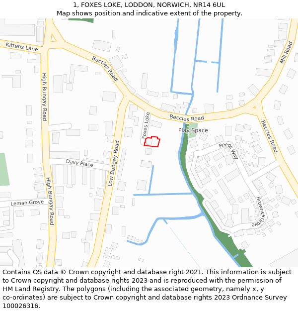 1, FOXES LOKE, LODDON, NORWICH, NR14 6UL: Location map and indicative extent of plot