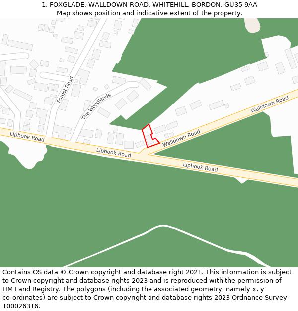 1, FOXGLADE, WALLDOWN ROAD, WHITEHILL, BORDON, GU35 9AA: Location map and indicative extent of plot