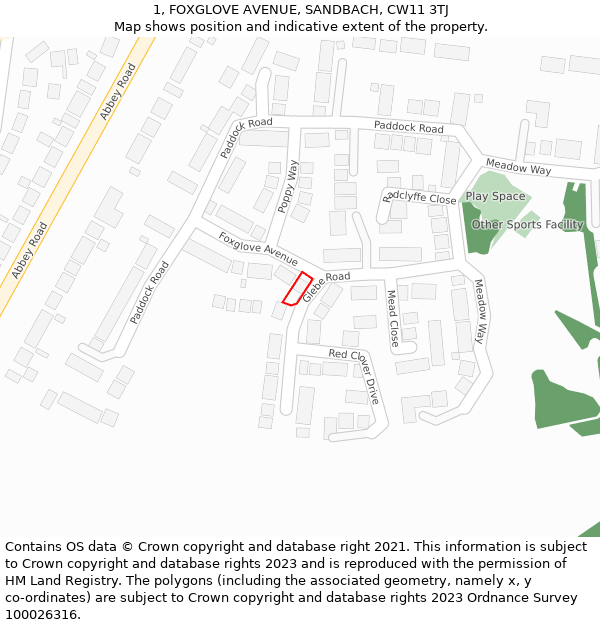 1, FOXGLOVE AVENUE, SANDBACH, CW11 3TJ: Location map and indicative extent of plot