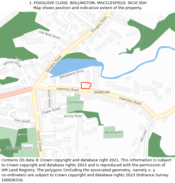 1, FOXGLOVE CLOSE, BOLLINGTON, MACCLESFIELD, SK10 5DH: Location map and indicative extent of plot