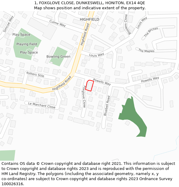 1, FOXGLOVE CLOSE, DUNKESWELL, HONITON, EX14 4QE: Location map and indicative extent of plot