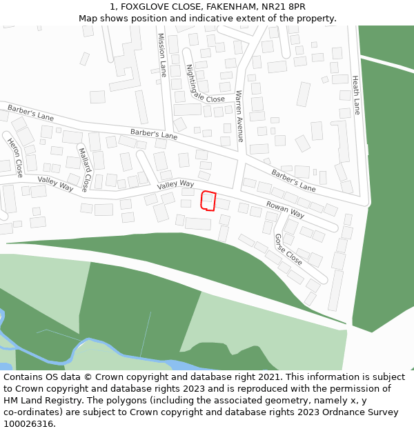 1, FOXGLOVE CLOSE, FAKENHAM, NR21 8PR: Location map and indicative extent of plot