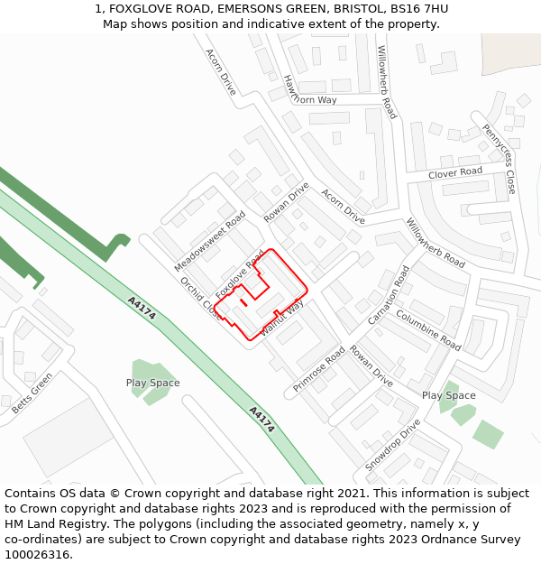 1, FOXGLOVE ROAD, EMERSONS GREEN, BRISTOL, BS16 7HU: Location map and indicative extent of plot