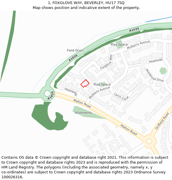 1, FOXGLOVE WAY, BEVERLEY, HU17 7SQ: Location map and indicative extent of plot