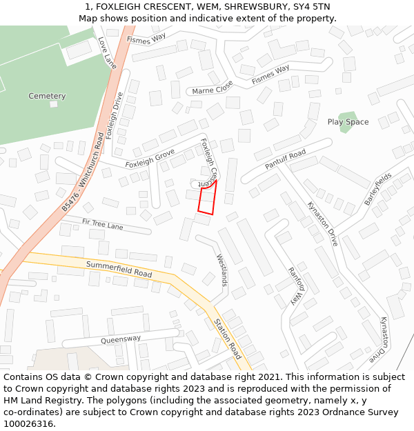 1, FOXLEIGH CRESCENT, WEM, SHREWSBURY, SY4 5TN: Location map and indicative extent of plot