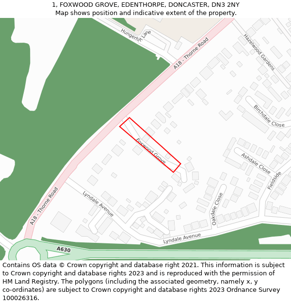 1, FOXWOOD GROVE, EDENTHORPE, DONCASTER, DN3 2NY: Location map and indicative extent of plot