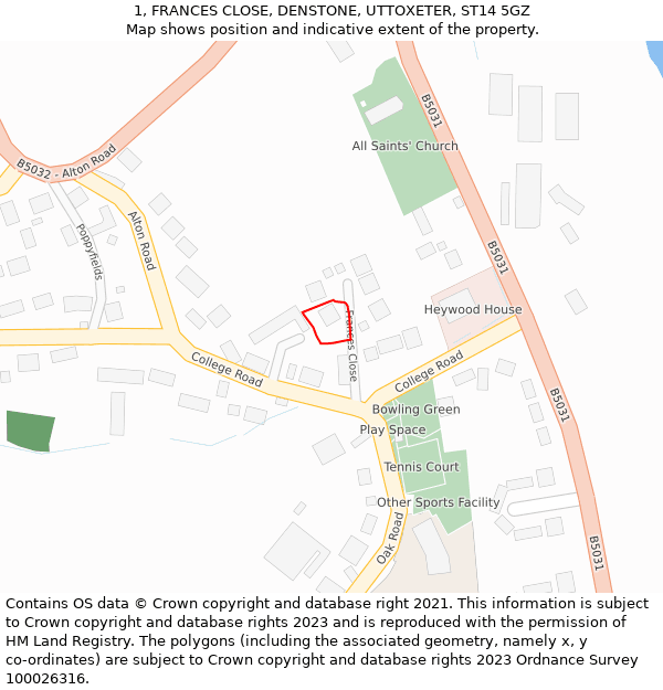 1, FRANCES CLOSE, DENSTONE, UTTOXETER, ST14 5GZ: Location map and indicative extent of plot