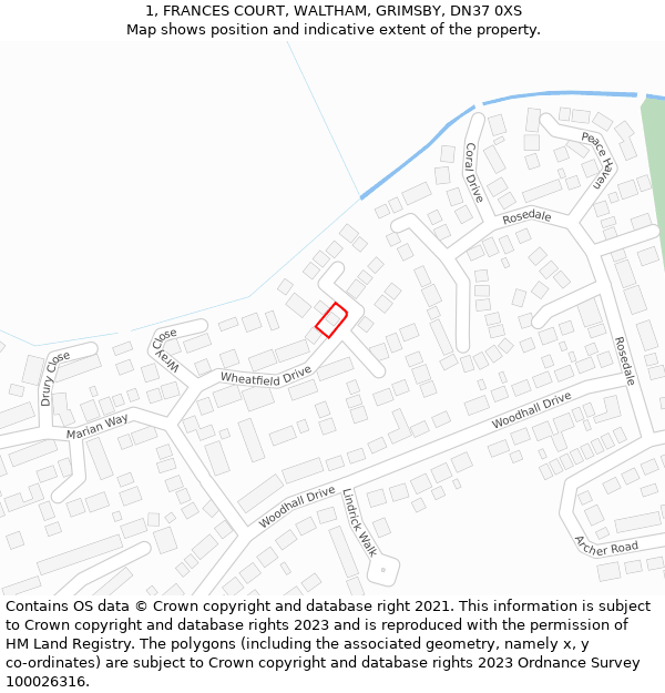 1, FRANCES COURT, WALTHAM, GRIMSBY, DN37 0XS: Location map and indicative extent of plot