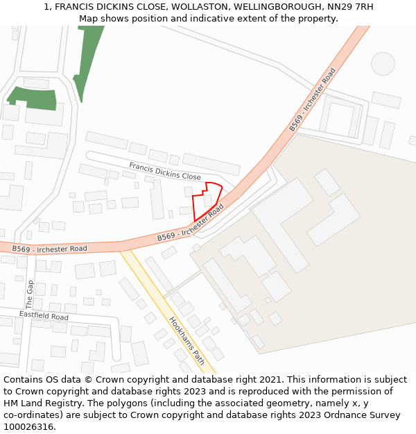 1, FRANCIS DICKINS CLOSE, WOLLASTON, WELLINGBOROUGH, NN29 7RH: Location map and indicative extent of plot