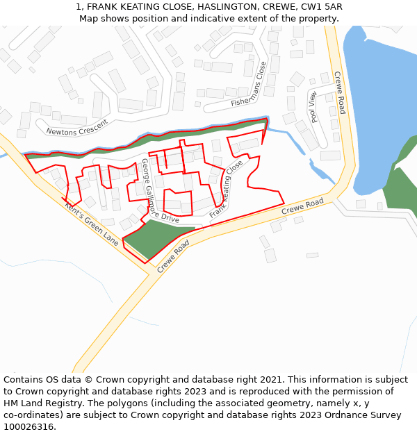 1, FRANK KEATING CLOSE, HASLINGTON, CREWE, CW1 5AR: Location map and indicative extent of plot