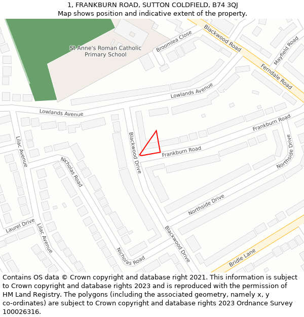 1, FRANKBURN ROAD, SUTTON COLDFIELD, B74 3QJ: Location map and indicative extent of plot