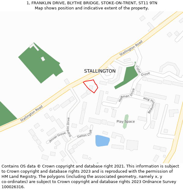 1, FRANKLIN DRIVE, BLYTHE BRIDGE, STOKE-ON-TRENT, ST11 9TN: Location map and indicative extent of plot